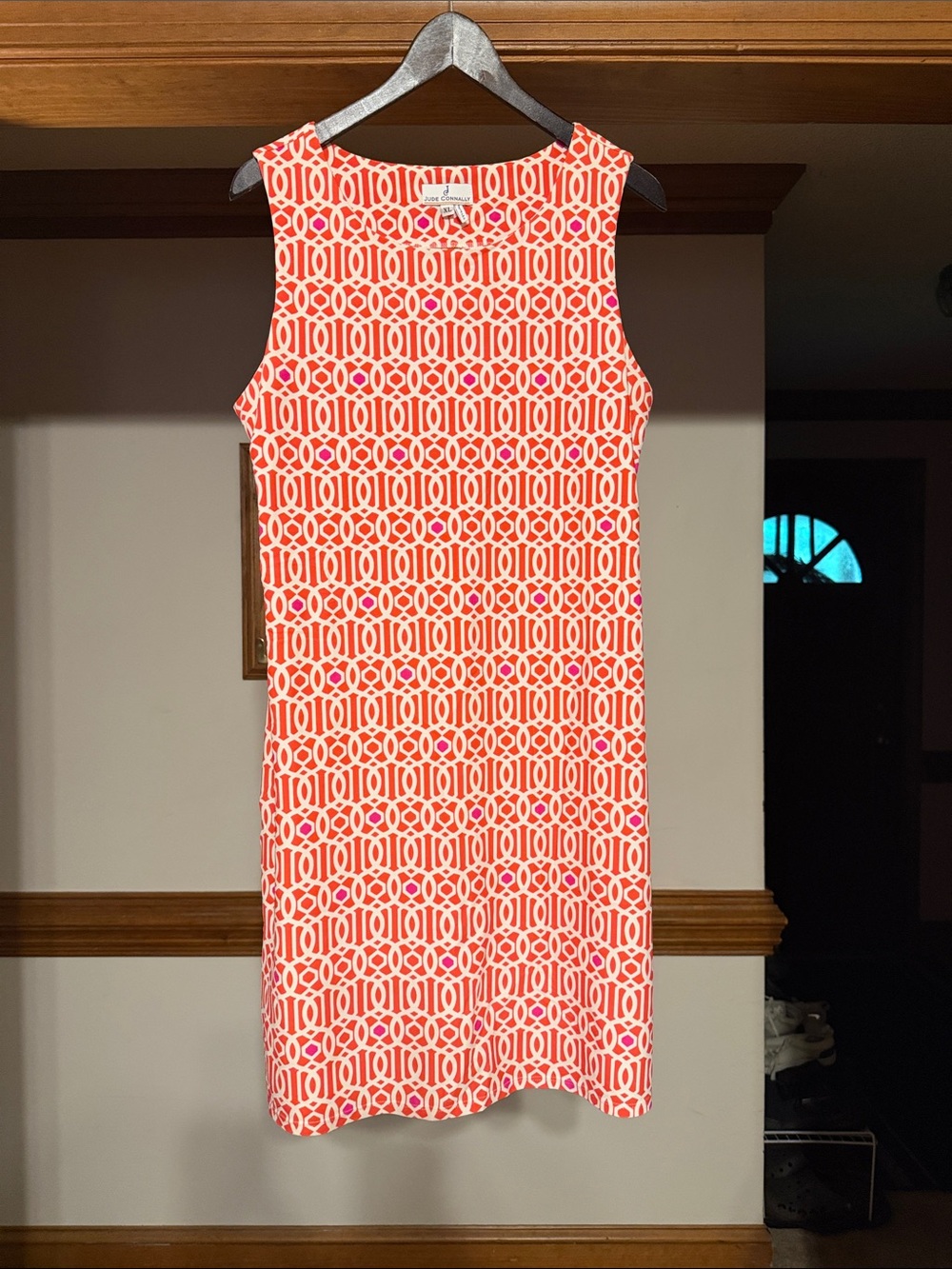 Jude Connally Coral and White Geometric Sleeveless Shift Mini